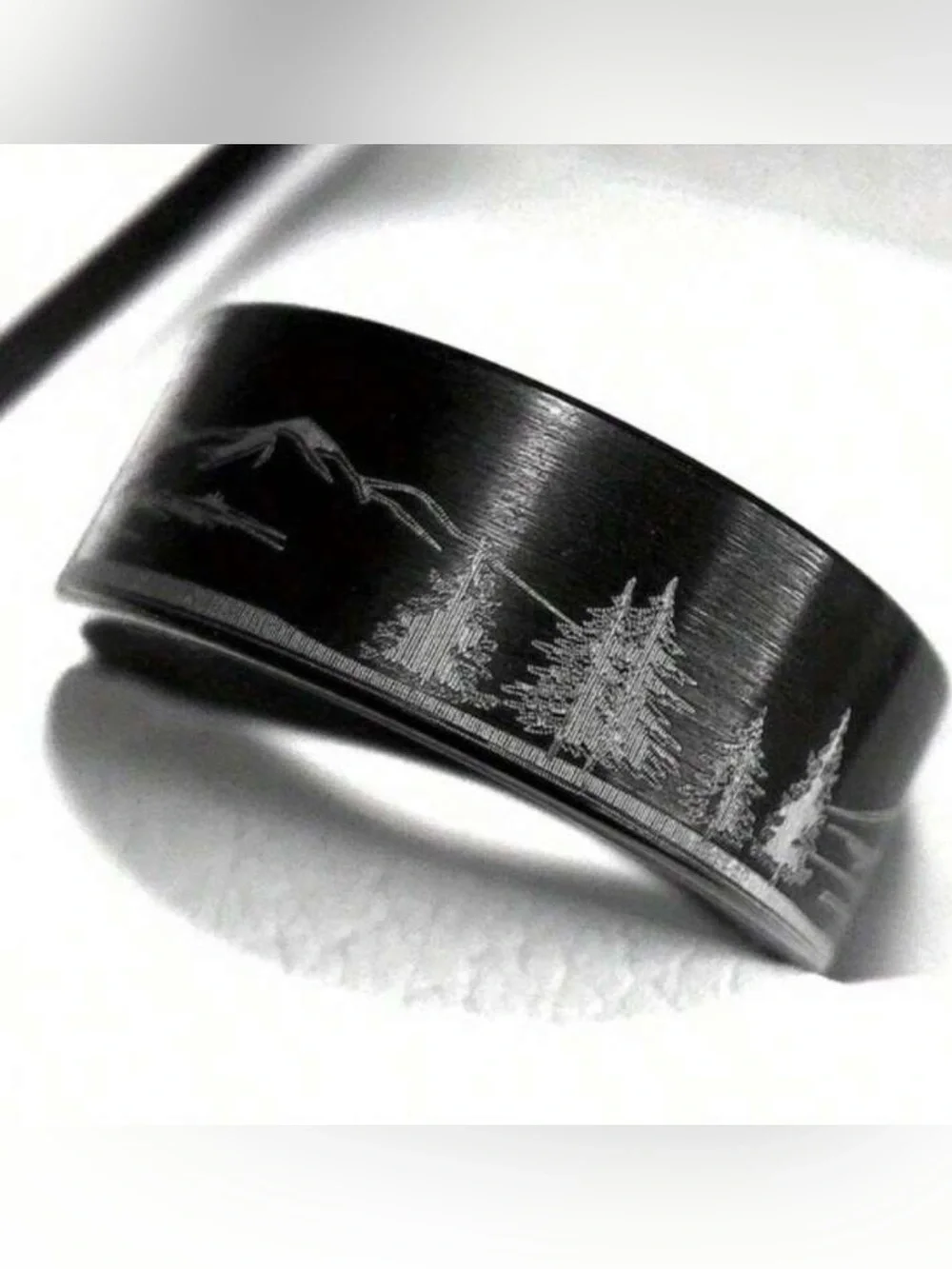 Black Mountain & Wolf Engraved Stainless Steel Ring, Wilderness Ring